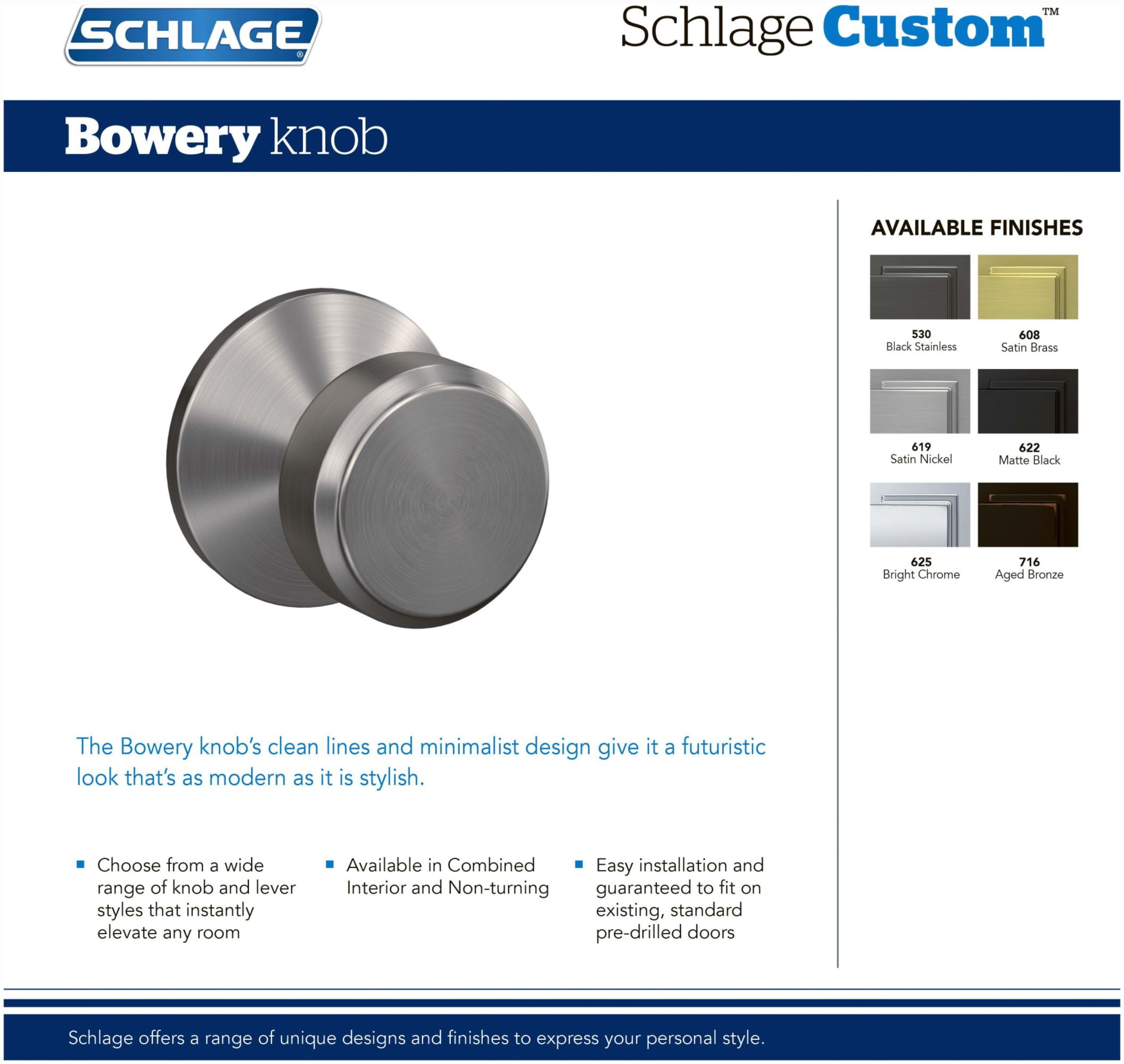 Schlage FC172BWE618CEN Custom Bowery Non-Turning Two-Sided Dummy Door Knob Set - Nickel