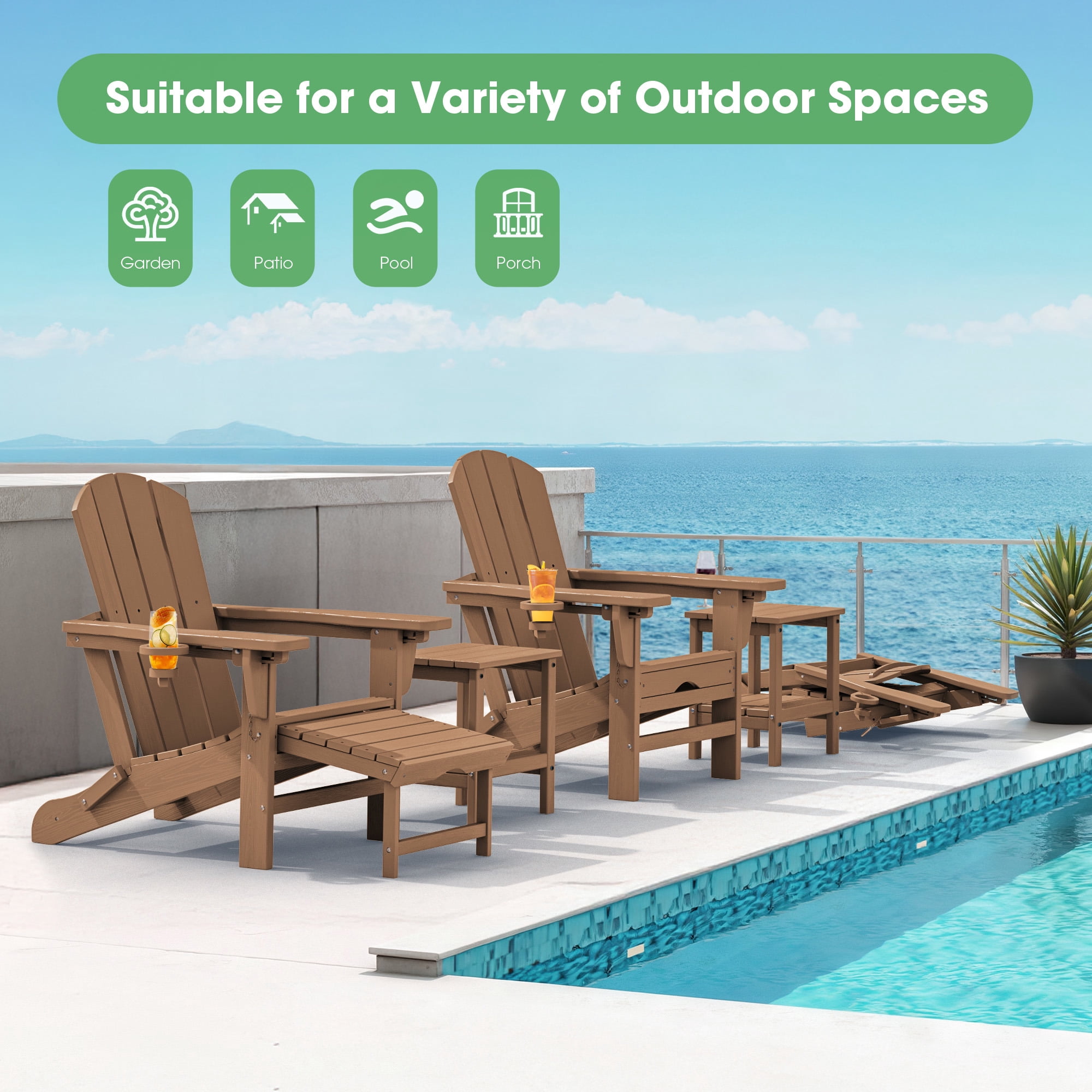 SERWALL Adjustable Folding Adirondack Chair with Footrest & Dual Cup Holders, HDPE Foldable Multifunctional Adirondack Chair with Ottoman for Patio, Outdoor, Garden, Brown