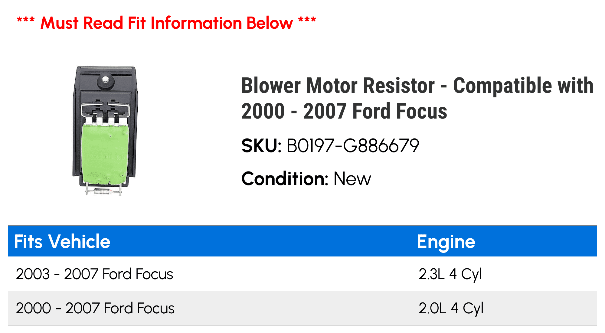 Blower Motor Resistor - Compatible with 2000 - 2007 Ford Focus - Holstein