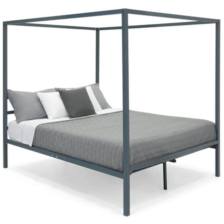 Best Choice Products Industrial 4 Corner Post Steel Canopy Queen Platform Bed Frame w/ Headboard, Metal Slats - (Best Quality Furniture Glam Grey 4 Piece Bedroom Set)