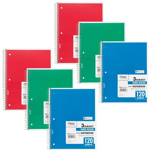 Mead Spiral 3 Subject Notebook, Wide Ruled, 180 Sheets Per Book, Pack of 6