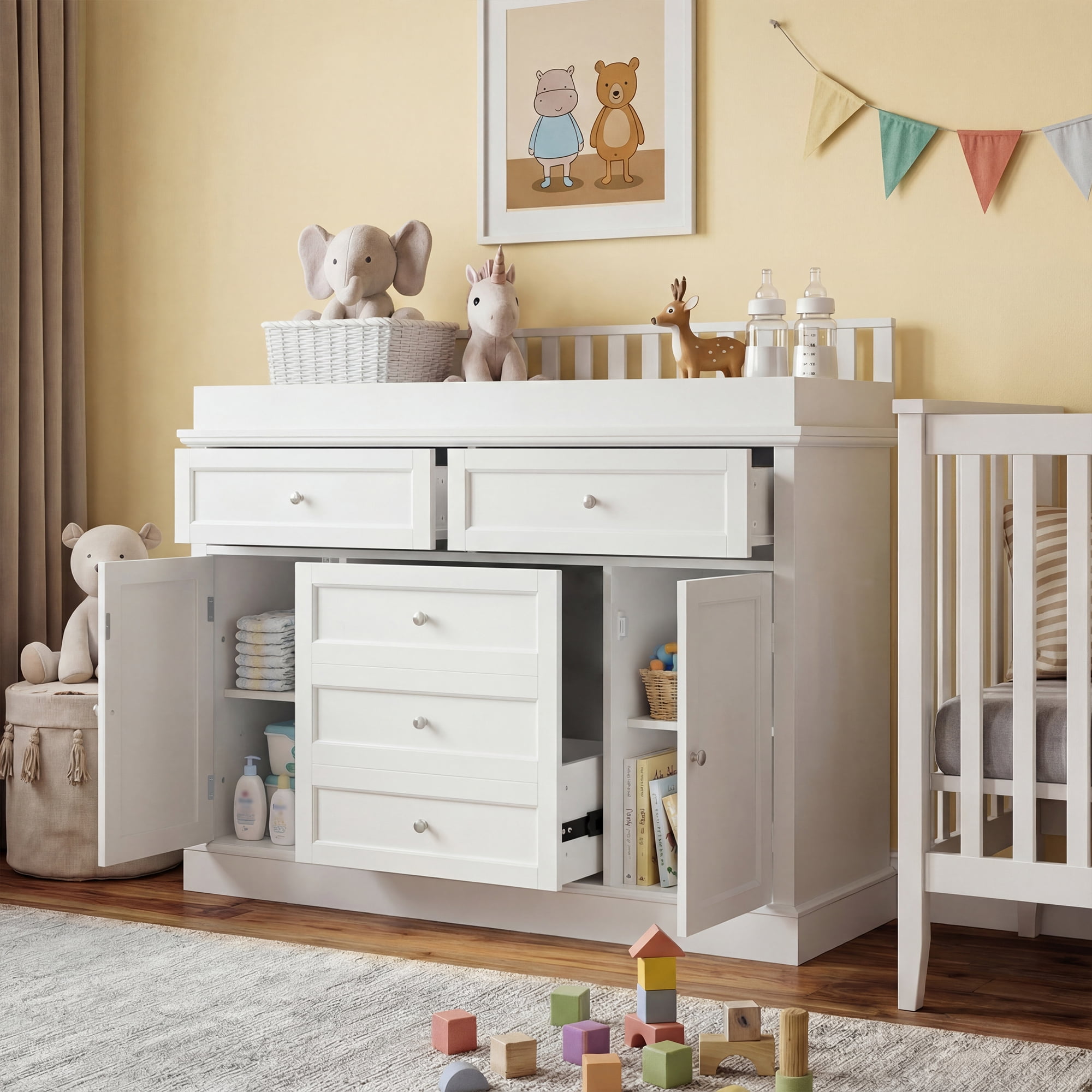 KULAGAGA 46" Dresser with Changing Table Top, White Dresser with Storage Drawers and Doors for Nursery, Multifunctional Dresser with Changing Station, Storage Cabinet for Kids Room