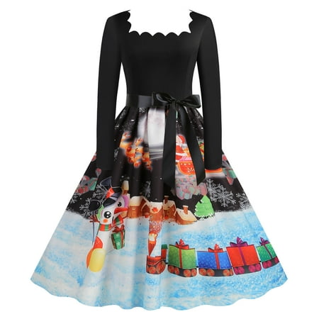 

jsaierl Womens Christmas Dresses Holiday Long Sleeve Cocktail Dress Square Neck Snowman Print A Line Dresses Casual Swing Party Dress with Belt