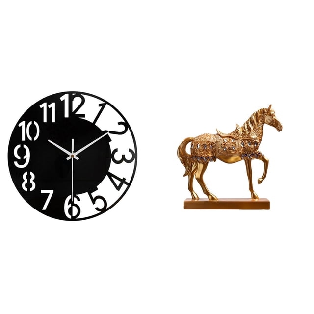 Reloj de pared grande,Reloj de pared acrílico silencioso y moderno,Reloj de pared grande para oficina,silencioso,fácil de leer y sencillo.,Estatuas de caballos,Estatuas de caballos Figura de