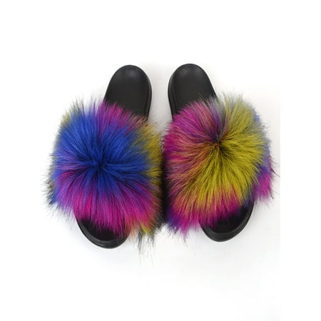 

Zodanni Women Fuzzy Slippers Color Block Fluffy Slides Furry Slipper Breathable Shoe Outdoor Lightweight Faux Home Shoes Color Block 10.5-11