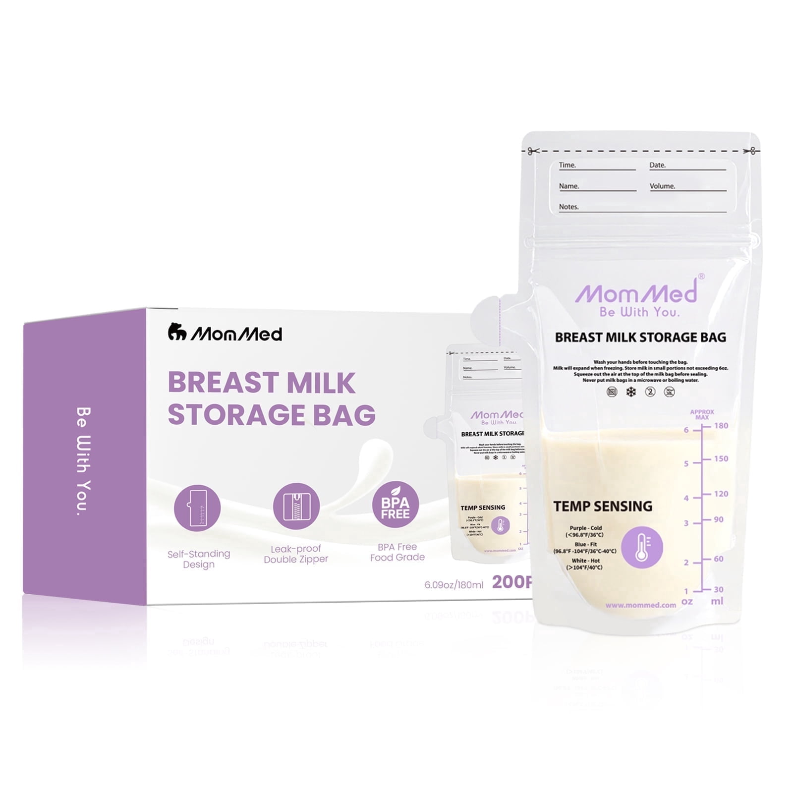 Mommed 200-Count Breast Milk Storage Bags, 6 oz/180 mL Pre-Sterilized Self-Standing Pouches with Pour Spout, Bpa-Free, Leak-Resistant and Temperature-Sensing