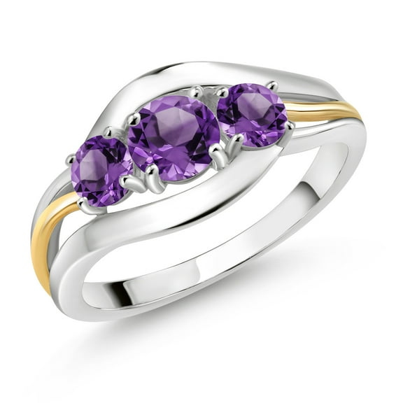 Gem Stone King Purple Amethyst 3 Stone Ring for Women | 925 Sterling Silver and 10K Yellow Gold | 0.98 Cttw | Round 5MM and 4MM | Wedding Engagement Anniversary Promise Ring for Women | Size 7