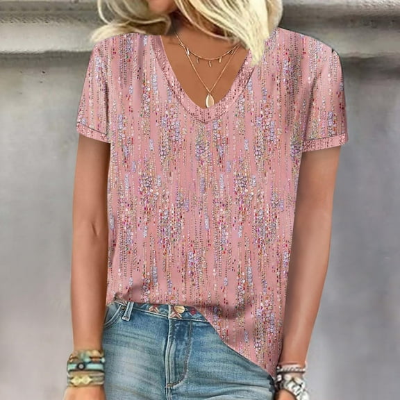 ALLLIST Womens Tops Red V-Neck Short Sleeve Solid T-Shirts Embellished Printed Casual Spring Blouses
