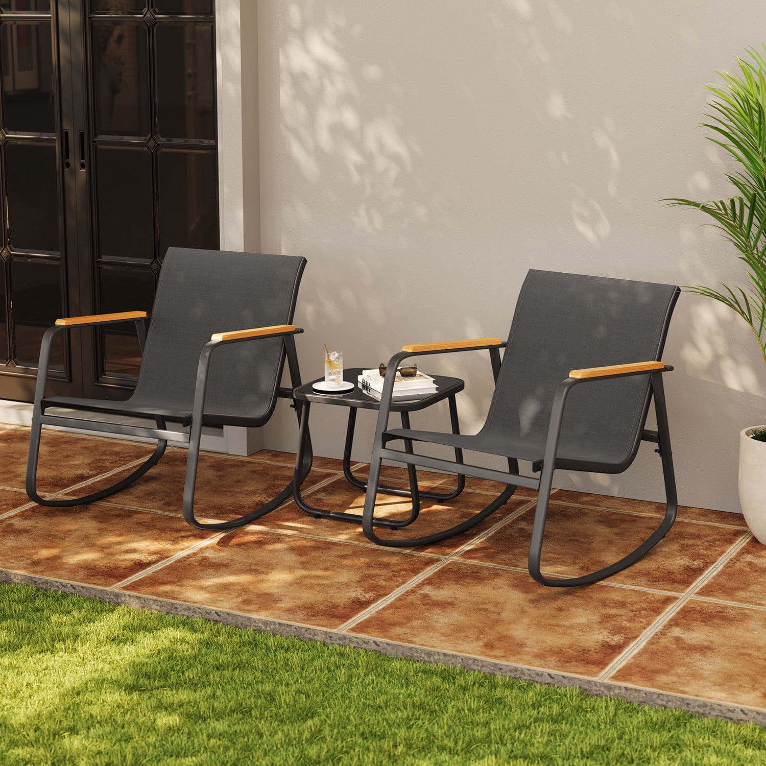 Asofer 3-Piece Patio Furniture Set, Rocking Chair with Soft Cushion and Coffee Table, for Garden, Balcony, Backyard, Black