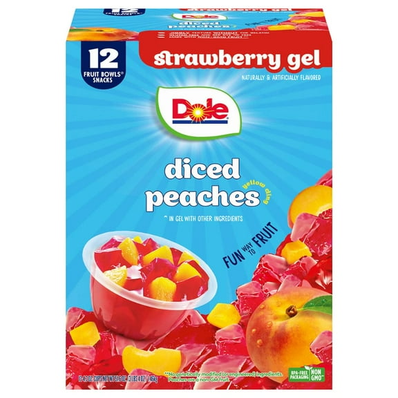 Dole Fruit Bowls Diced Peaches in Strawberry Gel, 4.3 oz Cups (12 Pack)