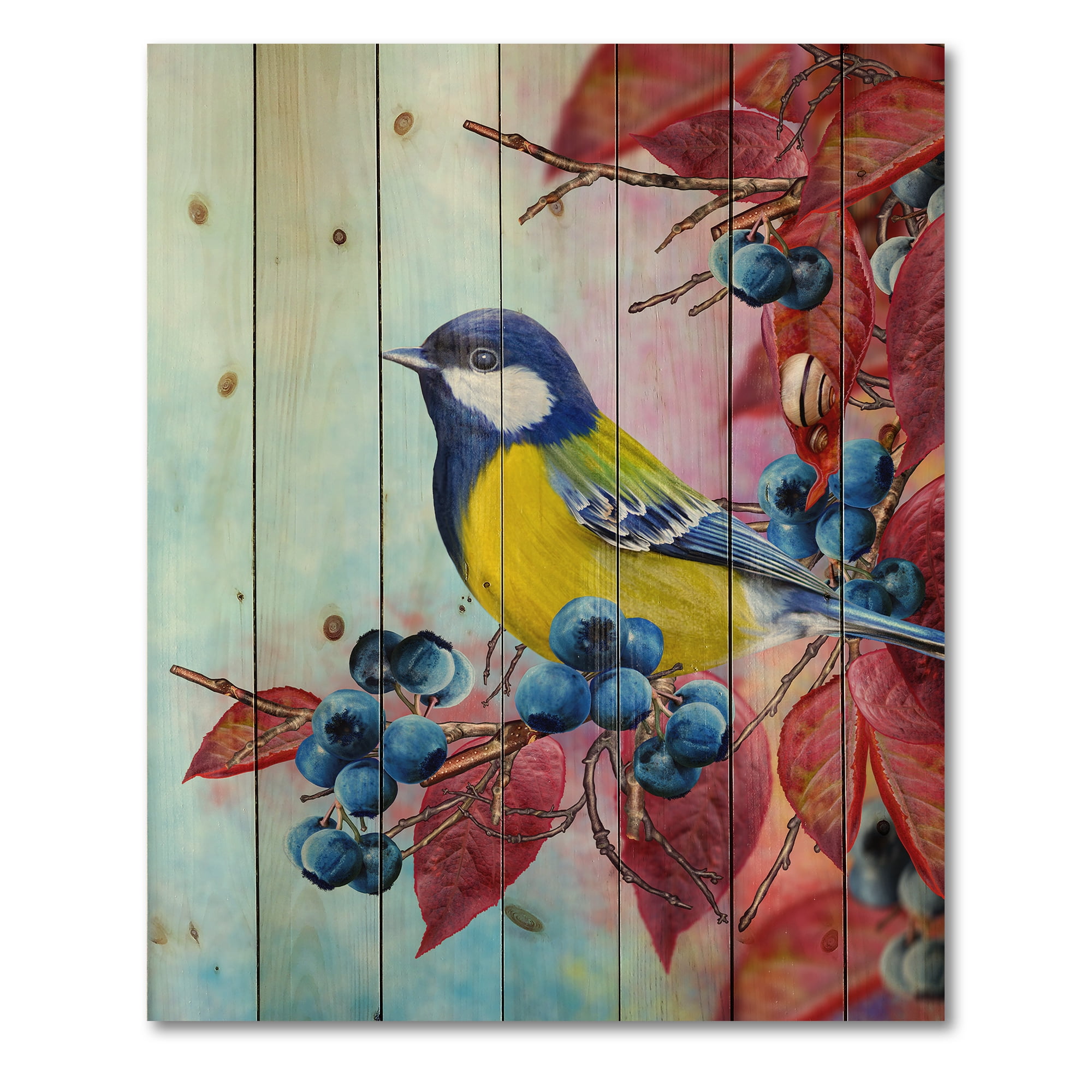 Designart 'Bright Bird Bullfinch Sitting On A Branch of Berries II' Traditional Print on Natural Pine Wood