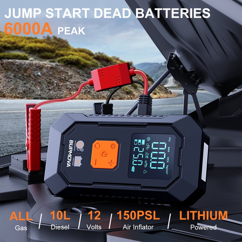 BUPMOVA Car Jump Starter & Air Compressor(150PSI), 5000A Peak Portable Jump Starter Battery Pack for All Gas/10L Diesel Engine, 12V Starter Jump Box, LCD Display, Power Bank, 3-Mode LED Light