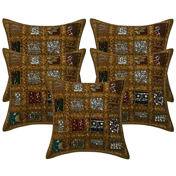 Stylo Culture Indian Settee Sofa Throw Pillow Covers 16 x 16 Patchwork Embroidered Khaki Sequins 40cm x 40cm Home Decor Cotton Geometric Square Cushion Covers | Set Of 5