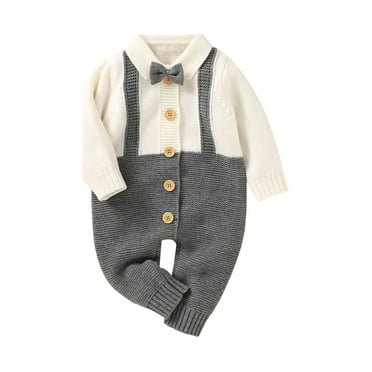 TOPGOD Newborn Baby Boys Casual Knitted Romper Grey Turn-Down Collar Long Sleeve Button-Down Jumpsuit Fall Winter Clothes