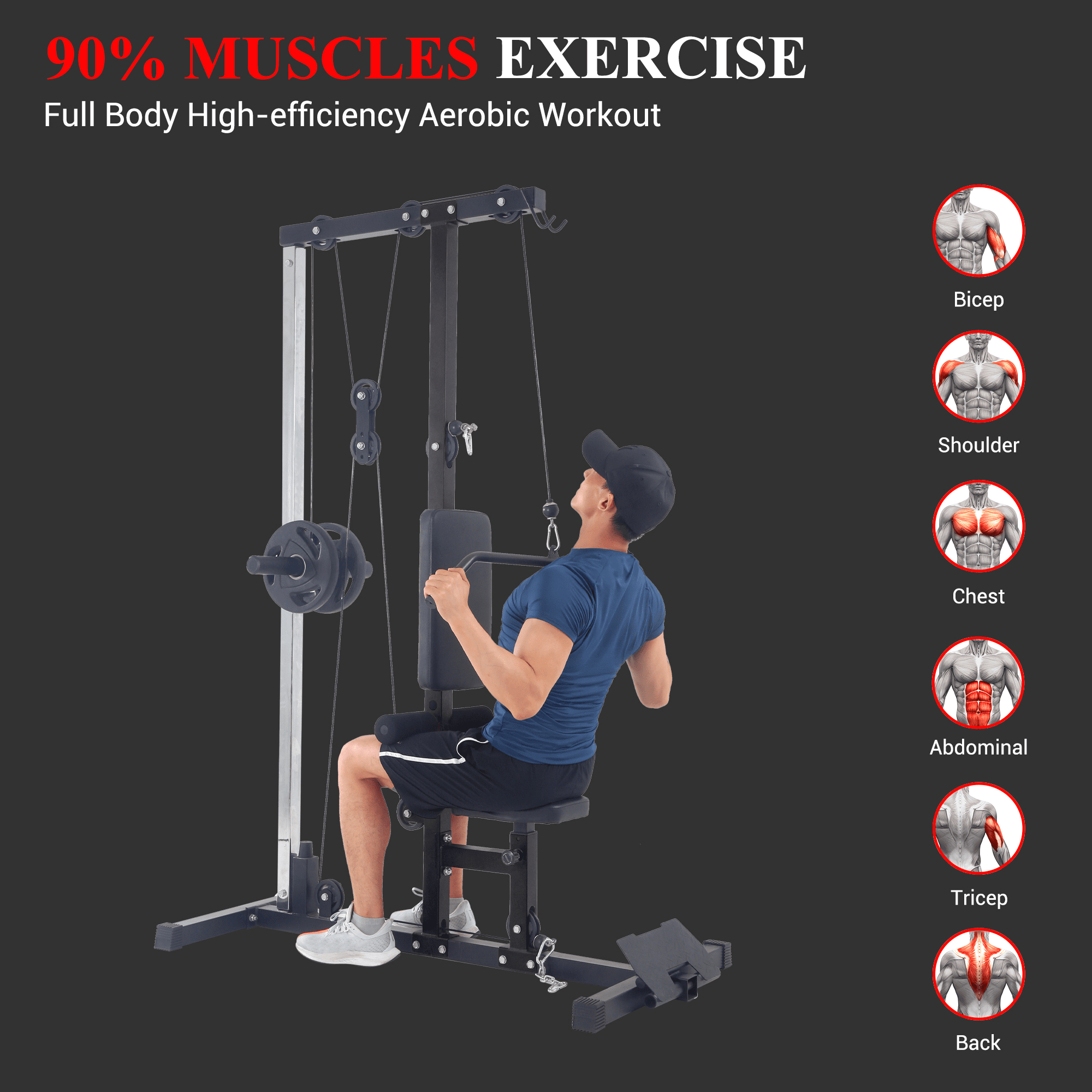 LAT Power Cable Machine, LAT Pull Down Machine with High and Low Pulley Station and Adjustable Leg Support, Back Exercise Equipment for Home Gym Body Strength Training