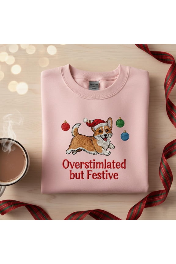 Overstimulated but Festive Corgi Embroidered Sweatshirt, Funny Dog Christmas Jumper, Corgi Mom Holiday Gift, Xmas Dog Shirt