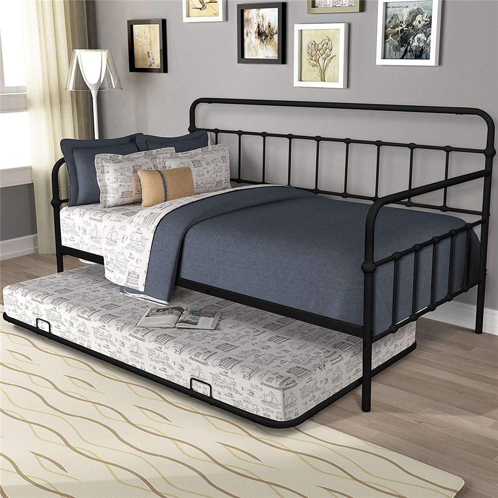 Daybed w/ Trundle Included, Twin Trundle Bed Frame w/ Metal Slat