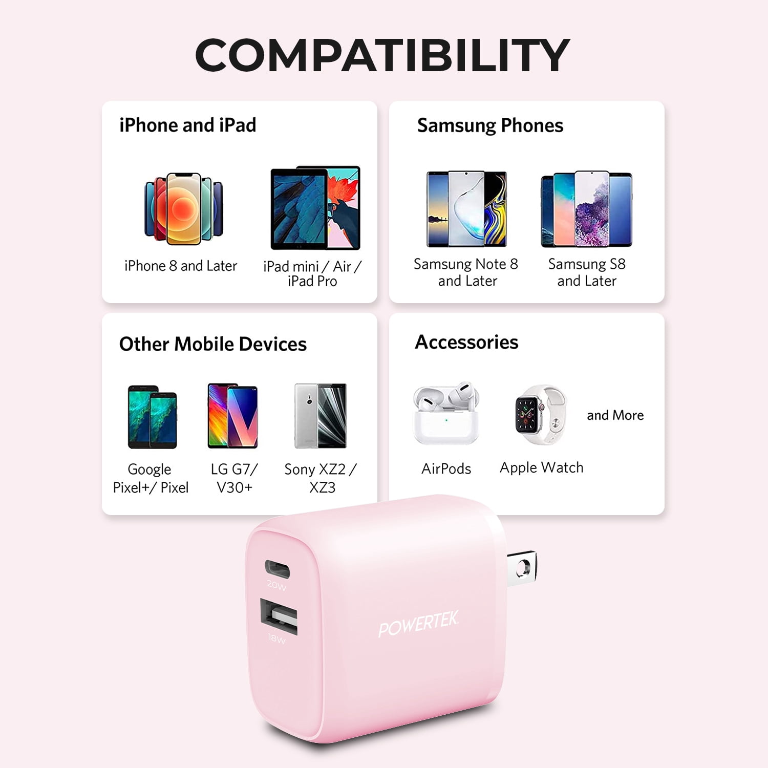 Liquipel Powertek Pastel Dual USB-A / USB-C Wall Charger - Light Pink