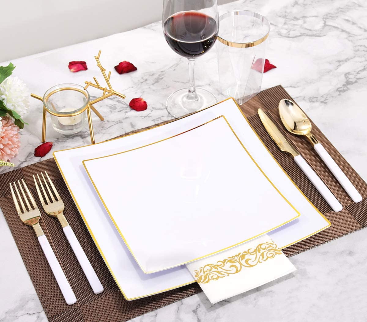 20 Cups 20 Napkins for Thanksgiving & Parties Nervure 140Pcs White Square Plastic Plates with Gold Rim 60 Gold Plastic Silverware with White Handle Gold Disposable Plates Includes: 40 plates 