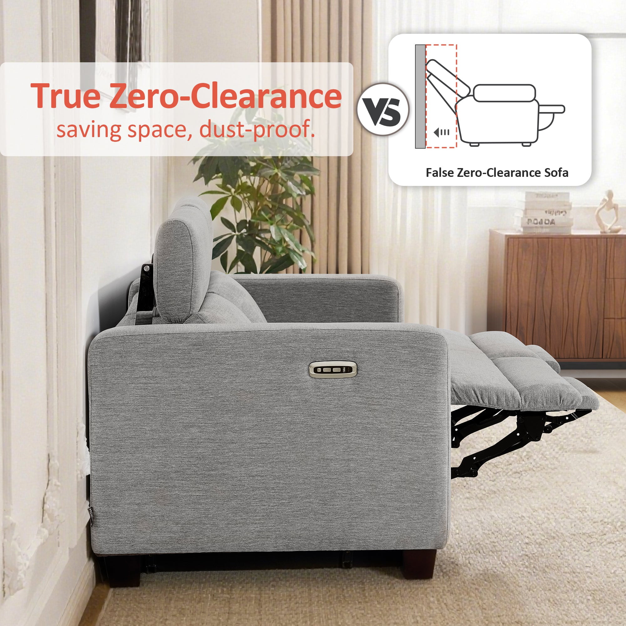 MCombo 62.2'' Wall Hugger Power Loveseat Recliner Sofa for Living Room, Office, Fabric, Grey
