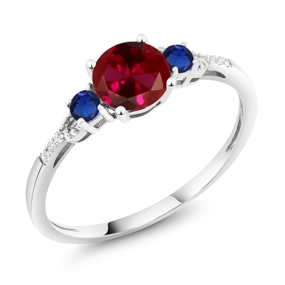 Gem Stone King 10K White Gold Red Created Ruby Blue Created Sapphire and White Diamond Accent 3-Stone Engagement Ring for Women (1.14 Cttw, Round 6MM, Gemstone July Birthstone, Size 6)