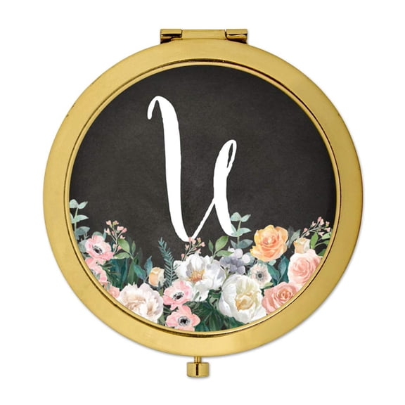 Koyal Wholesale Gold Compact Mirror Bridesmaid's Wedding Gift, Peach Flower Florals on Chalkboard, Monogram Letter U