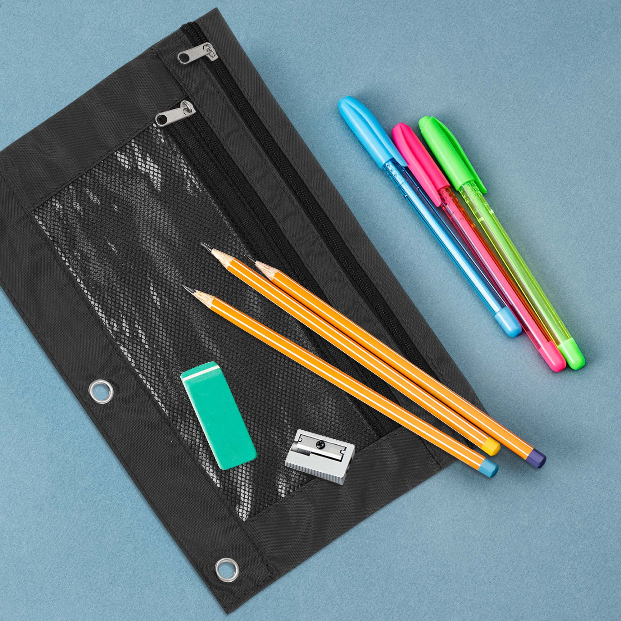 Unique Bargains Smooth Zipper Clear Mesh Double Layer Pencil Case for 3 Ring Binder Black