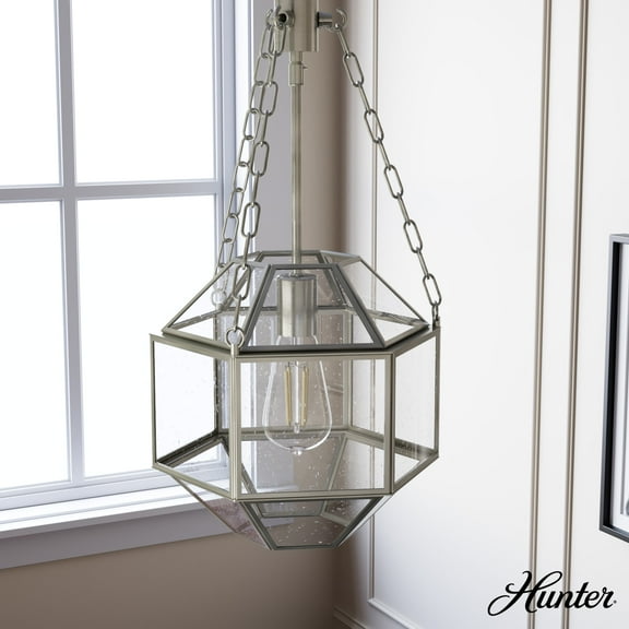 Hunter - Indria 1-light Brushed Nickel, Medium Size Pendant Light, Dimmable, Geometric Shaped, for Bedrooms, Dining, Living Rooms - 19364