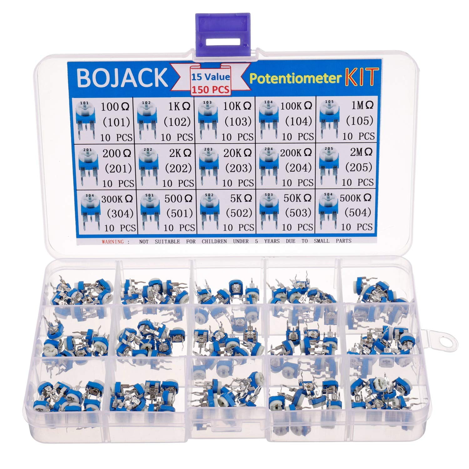 Taiss/150 pz 15 Valore 100ohm-2M ohm Resistore Variabile Trimpot 6mm Kit Assortimento Potenziometro Confezione in Una Scatola di Plastica Trasparente DWJ-150P - 3