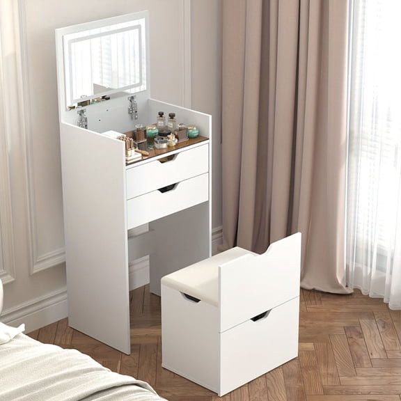 S-HOME Multifunctional 3-in-1 Vanity Desk With Flip HD Mirror And Two Sliding Drawers, Hidden Storage Stool, And Three Color Lighting Modes
, White