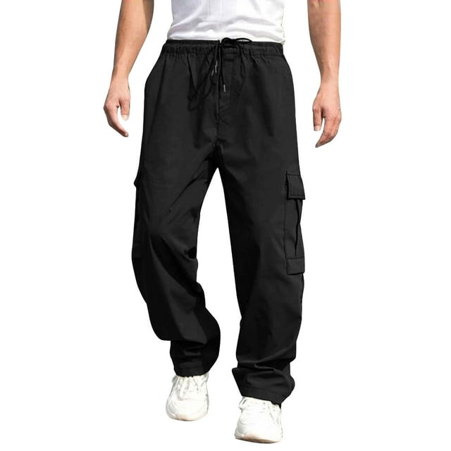 xiaxaixu Men's Loose Cargo Long Pants, Solid Color Drawstring Waist Straight Leg Trousers Casual Work Pants with Pockets