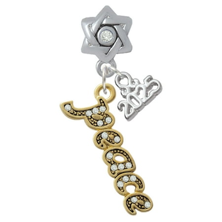 Delight Jewelry Gold-tone Crystal Script ''Peace'' - Silver-tone Clear Star of David Charm Bead Dangle with Mini 2025