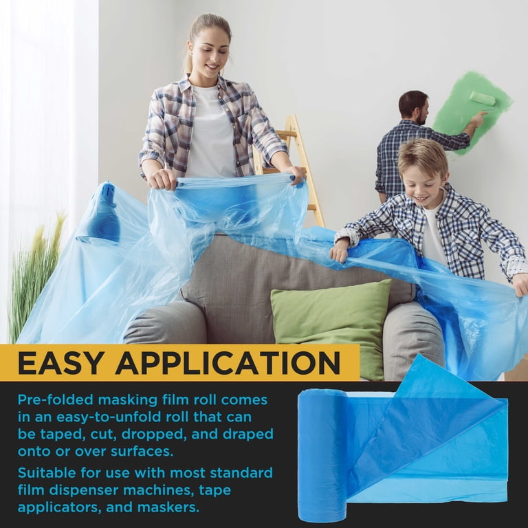 95 Wide X 44' Long Roll Of Pure Blue Pre-Folded Masking Film, 3 Pack - Overspray Paintable Plastic Protective Sheeting Pull Down Drop Sheet