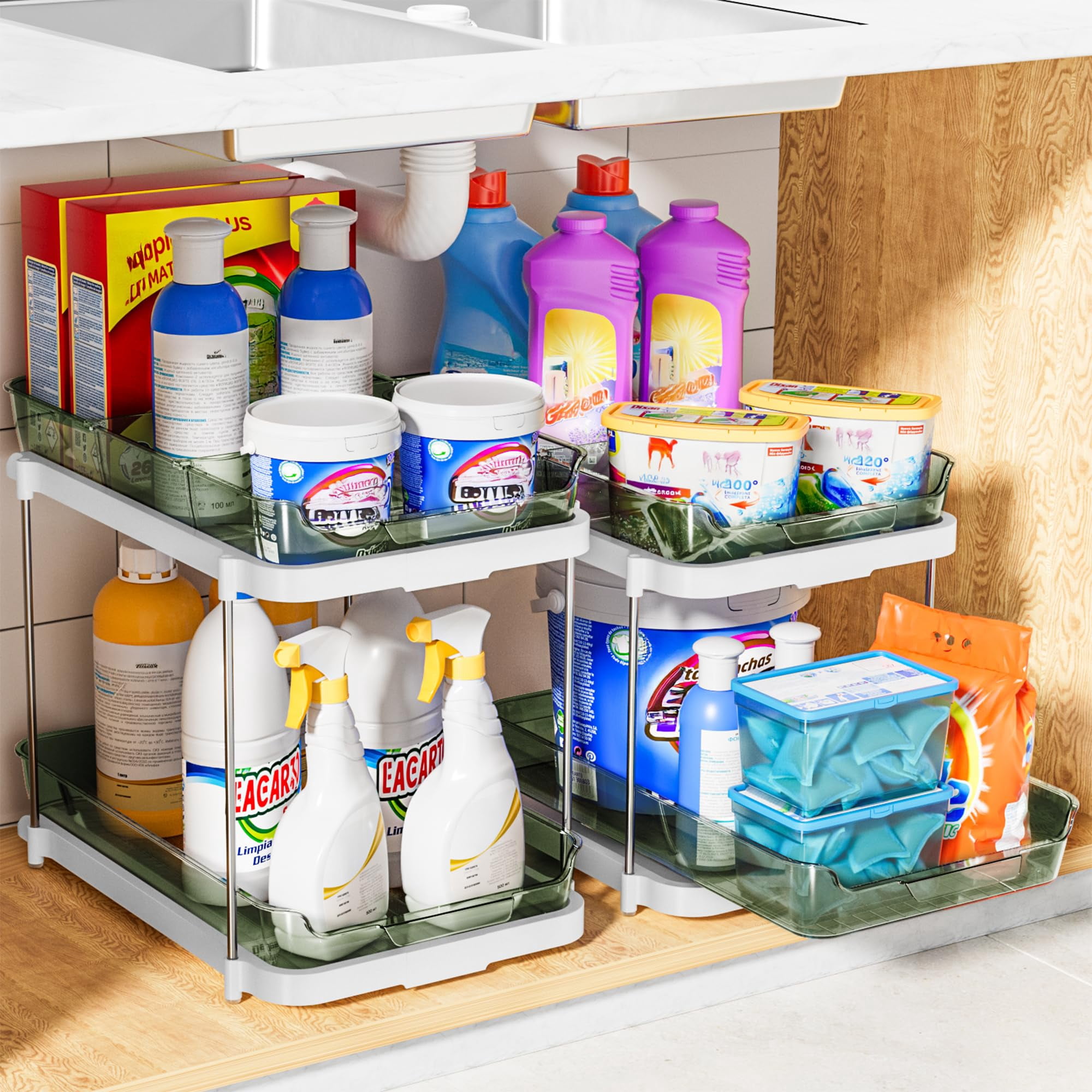 2-tier Multi-purpose Bathroom Under Sink Organizers And Storage  Stackable Kitchen Pantry Organization Pull Out Cabinet Organizer With Movable Dividers Light Green 2 Pack