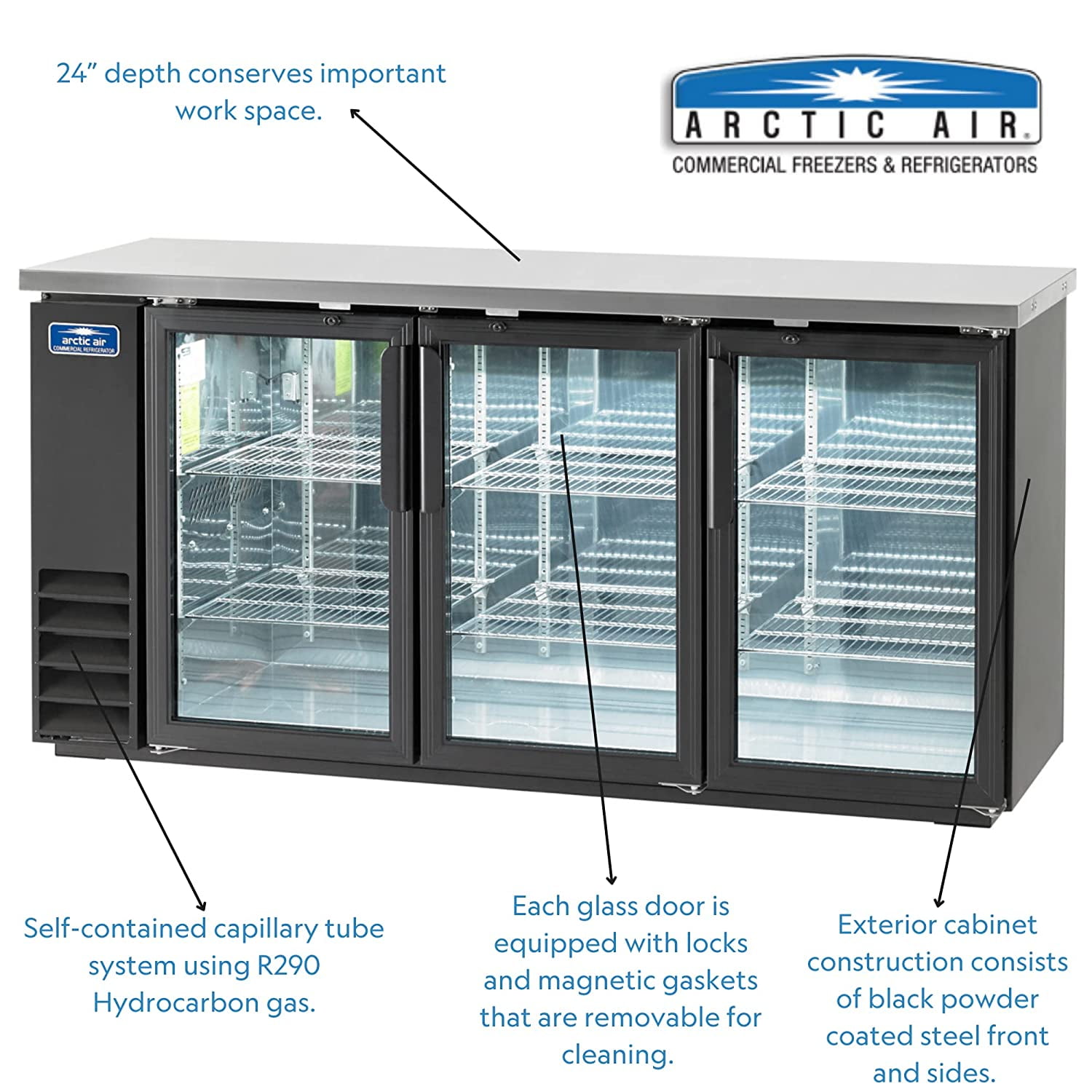Arctic Air ABB72G, Back Bar Refrigerator, Glass Doors, three-section, Interior LED Lighting, NSF Certified