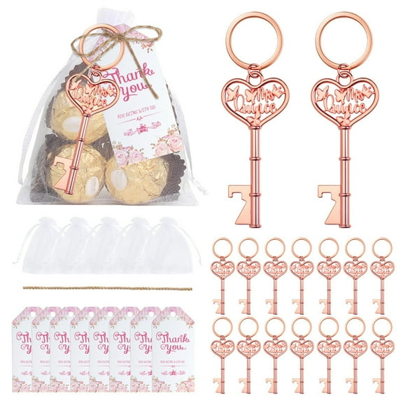24 Pcs Heart Key Bottle Opener Set, Wedding gift, bridal gift with Thank You Tags, Engagement Party Decoration, Anniversary Thank You Gift,Rose Gold