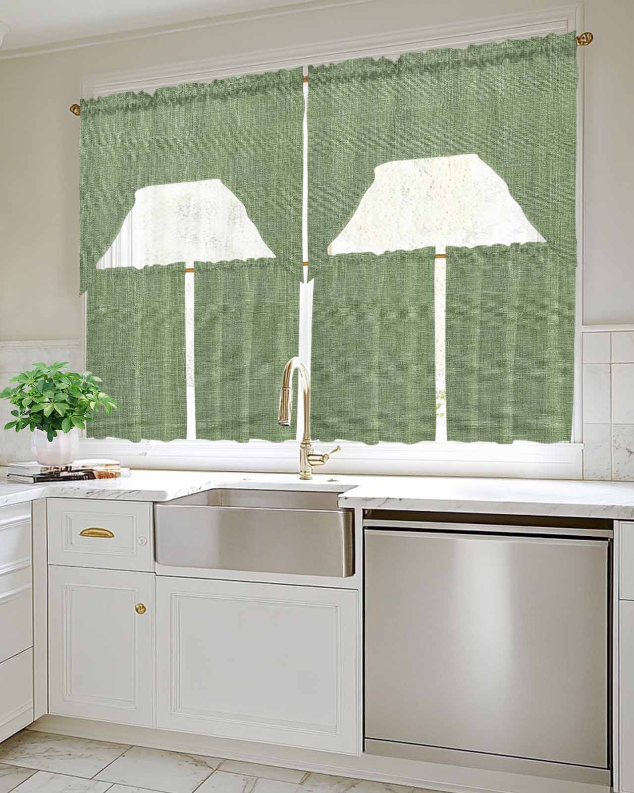 Vintage Forest Green Kitchen Curtains Swag Valance and Tier Curtains Set 24 Inch Length, Farmhouse Retro Solid Color Linen Texture Rod Pocket Drape Panels Pair Swag Curtains for Bathroom/Cafe/Window