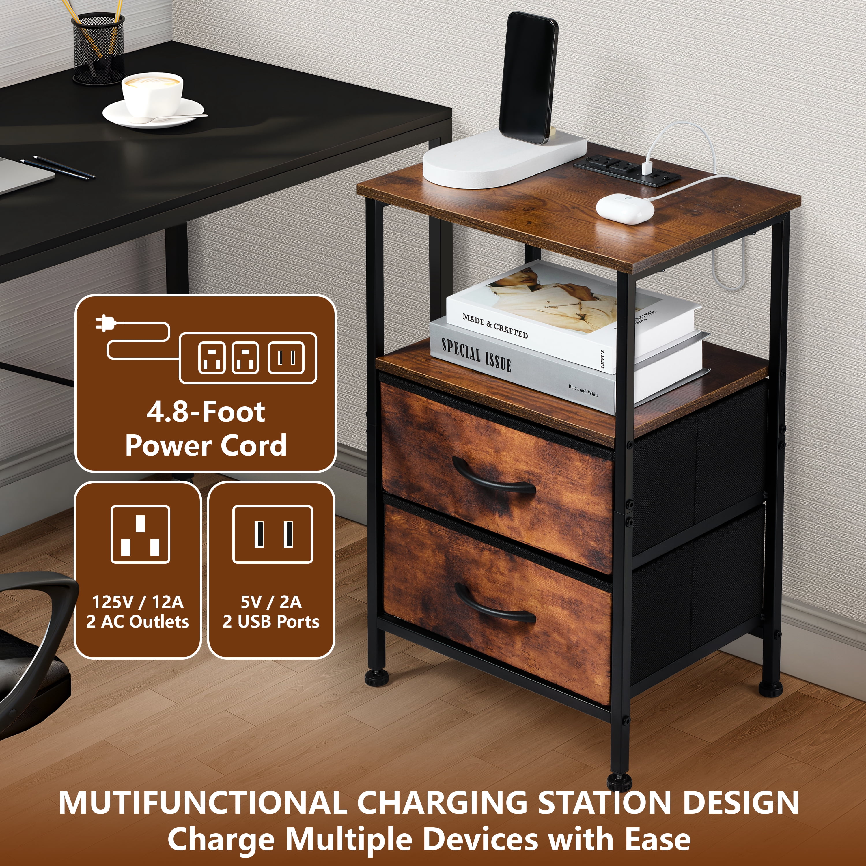 Coliware File Cabinet with Charging Station, Wood Printer Stand with Drawer Storage Shelves, Filing Organization Fits A4 Letter Size, Home Office Furniture for Under Desk Storage - Rustic Brown