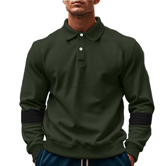 Zylanna Men's Long Sleeve Polo Shirts, Color Block Turndown Collar Spring Fall Slim Fit Casual Pullover Tops for Man Army Green
