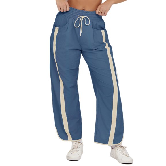Women's Baggy Wide Leg Pants Casual Drawstring Elastic Waisted Contrast Color Workout Y2K Track Pants