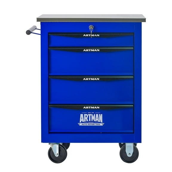 POVANLI 4 Drawer Portable Tool Cart with Stainless Steel Roof, Key Locking and 4 Steering Wheels (2 with Parking Brakes), Steel Tool Box, 200lbs Load for Garage, Workshop and Repair Shops (Blue)