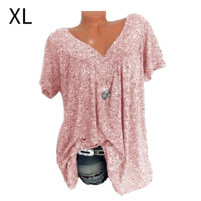 Camiseta de mujer con cuello en V, manga corta, camiseta de verano informal estampada, rosa, XL kenally AP001653-36