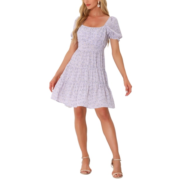Vestidos florales en capas INSPIRE CHIC para mujeres, vestido mini de verano con cuello cuadrado, mangas abullonadas, lazo en la espalda, color púrpura XL