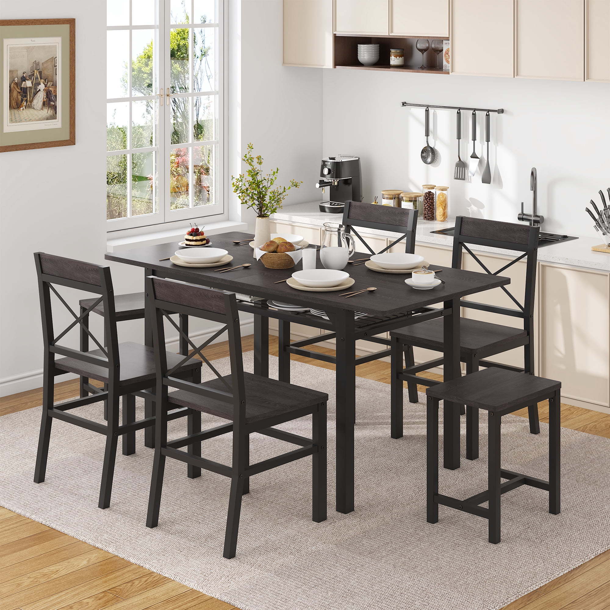 HOQBN Dining Table Set,Wooden Kitchen Table Set for 6,Farmhouse 7-Piece Dining Room Furniture for Small Space, Breakfast Nook, Apartment,Black