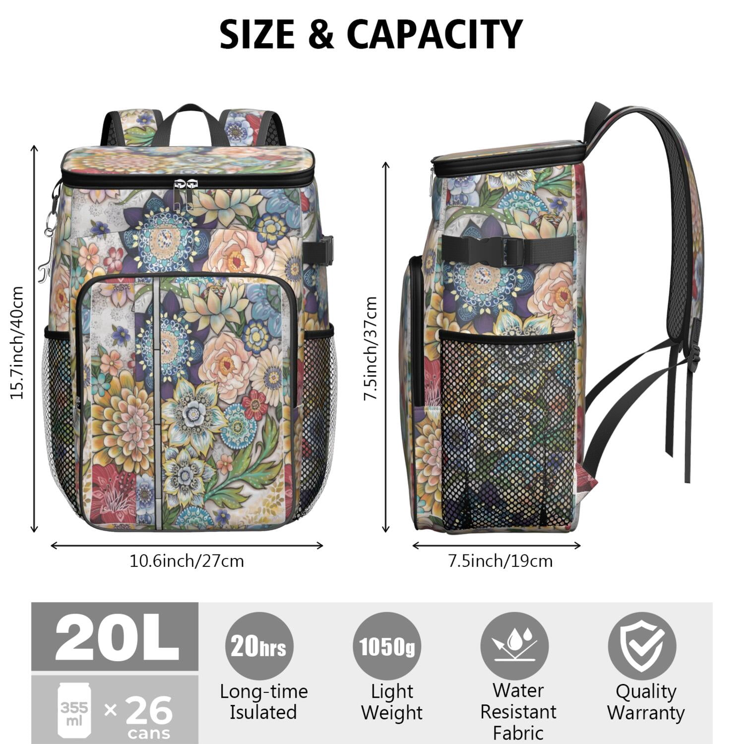 Travel Cooler Bag - Boho Bohemia Flower Camping Beer Cooler Backpack with Bottle Opener- Waterproof Insulated Picnic Backpacks - Cooler Bag for Beach