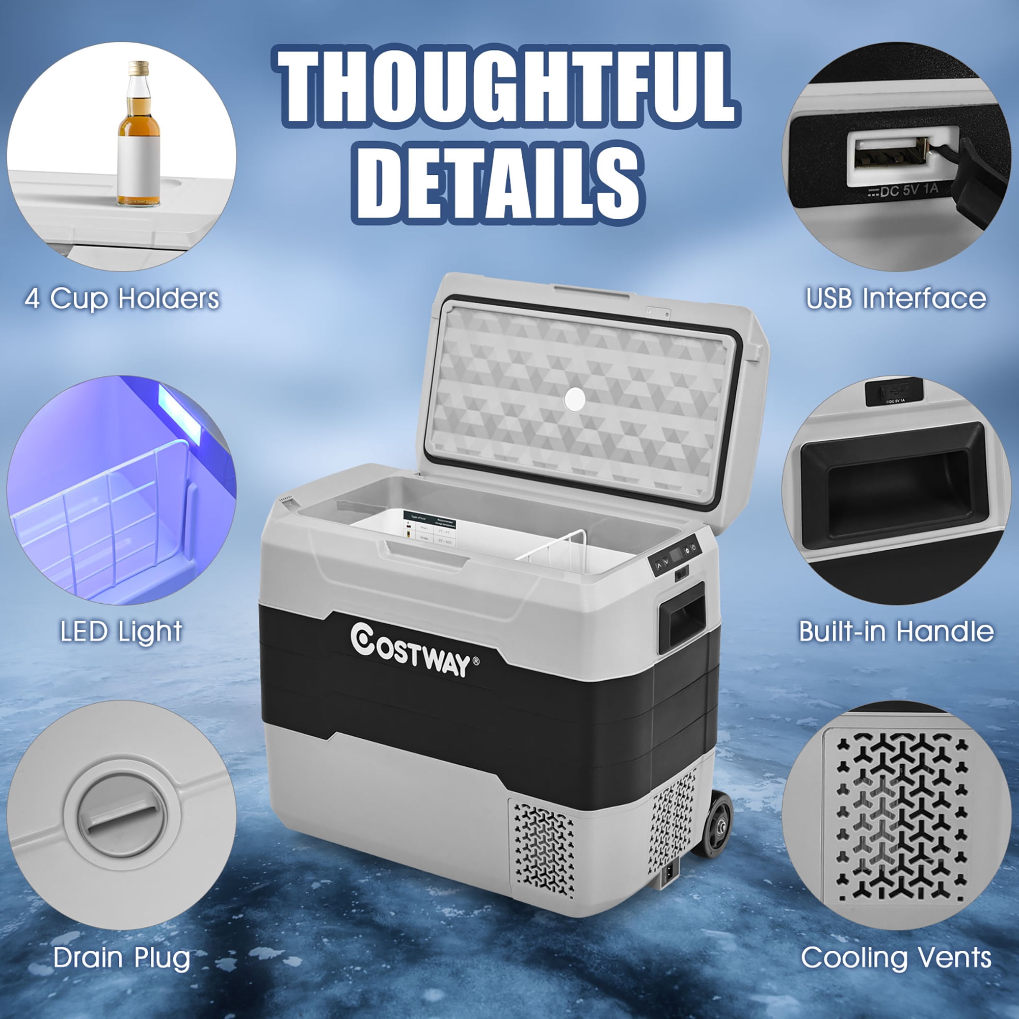 Costway 53 QT Portable Car Refrigerator Dual-Zone Car Cooler for RVs Gray
