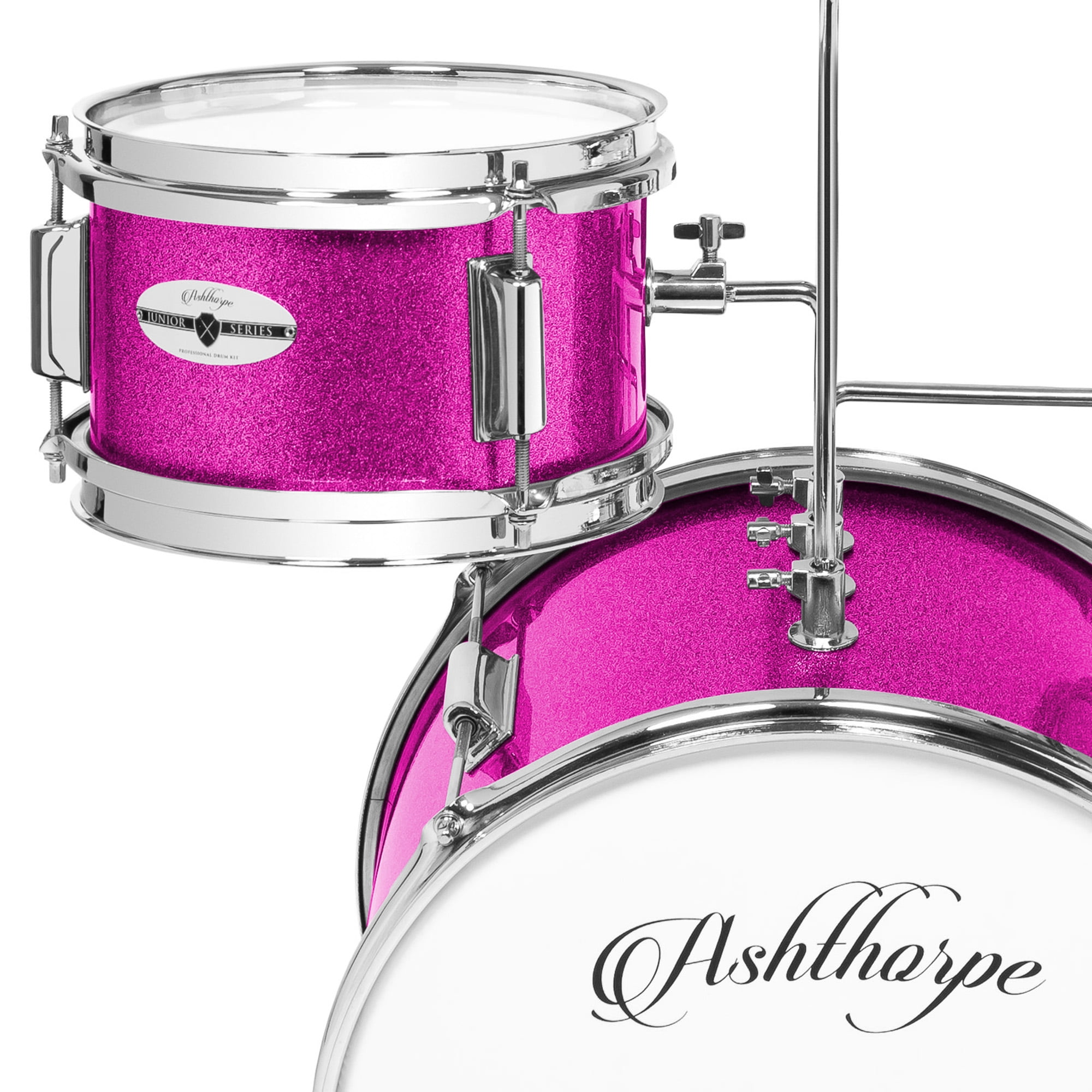 Ashthorpe 3-Piece Complete Junior Drum Set - Beginner Kit with Drummer's Throne - Pink