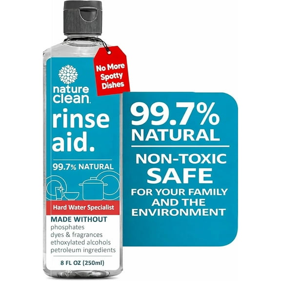 All Natural Dishwasher Rinse Aid Cleaner, Liquid Dishwasher Rinse Agent for Spot-Free Glass & Cutlery in Hard Water, Non Toxic Dish Washer Rinse Aid & Stain Remover, 8 oz/250ml, Pack of 1
