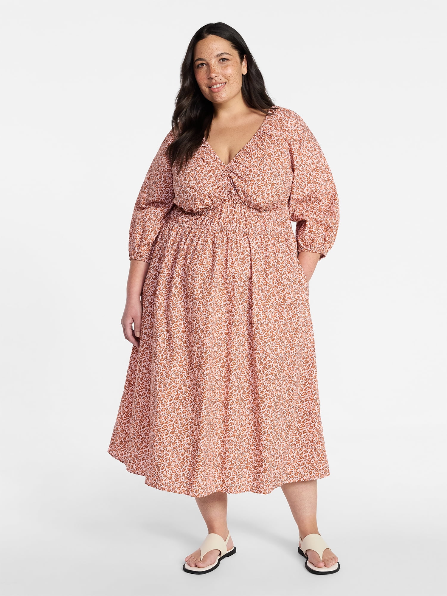 Terra & Sky Women's Plus Size Midi Peasant Dress, Sizes 0X-4X