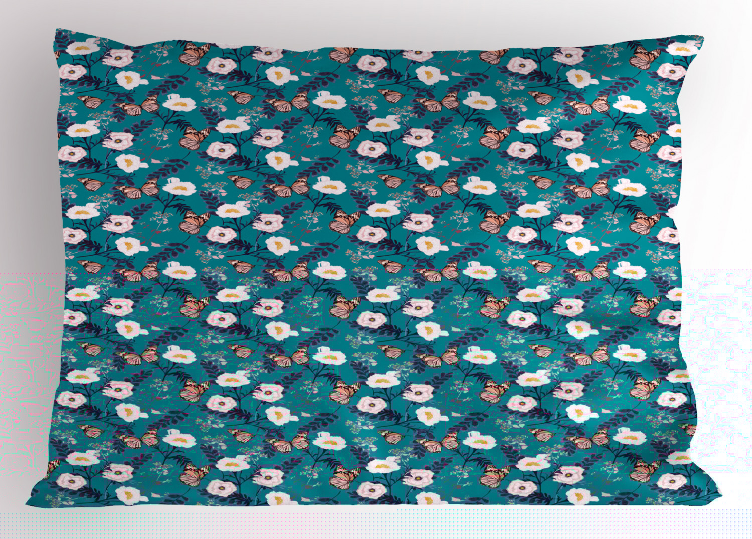 Floral Pillow Sham, Vibrant Selective Color Palette Floral Pattern Butterflies Petals, Decorative Standard Size Printed Pillowcase, 26' X 20', Dark Turquoise and Multicolor, by Ambesonne